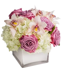 Composizione di rose rosa, ortensie